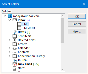 Select Outlook folder for eml import.