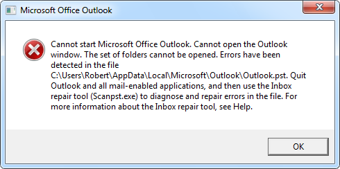 cannot open outlook 2016 set of folders