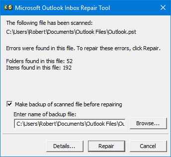 Outlook repair tool scanpst.exe